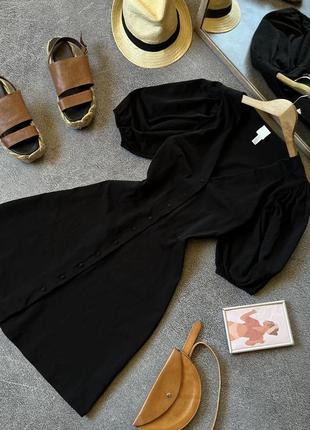 Очень красивое платье рубашка н&amp;м черная с красивыми объемными рукавами фонариками плотное натуральное хлопковое платье