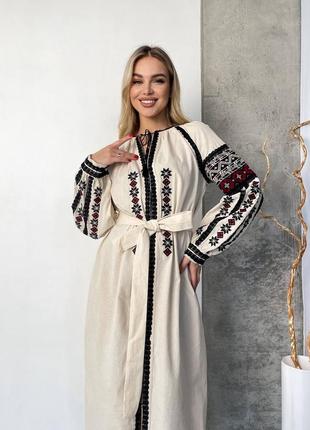 Женское платье с вышивкой, вышиванка в этностиле с поясом, вышитое платье, бежевое, меди