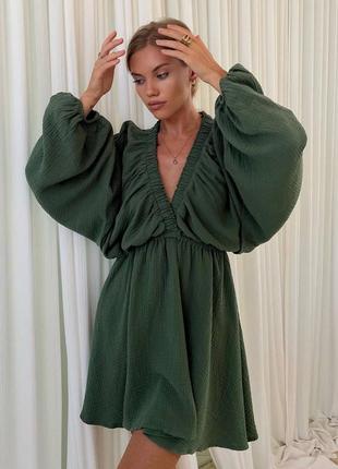 Платье мини муслин 💕 короткое летнее платье 💕 объемное платье на пляж 💕 зеленая женственное платье 💞 короткое платье