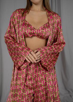 Пижамный костюм-тройка helen итальянский шелк (бра+халат+штаны) розовый