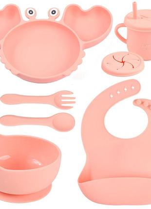 Набор детской силиконовой посуды 2life краб y14 из 7 предметов розовый v-12021