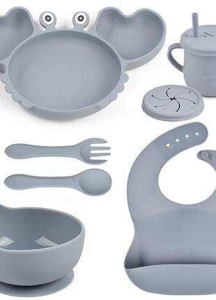 Набор детской силиконовой посуды 2life краб y18 из 7 предметов серый v-12022
