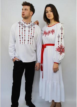 Парні вишиванки білі лляні "stefania" з кольоровою вишивкою сукня + сорочка