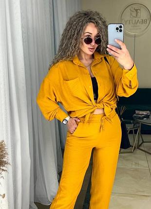 Легкий летний женский брючный костюм двойка с рубашкой