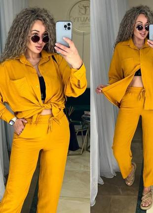 Легкий летний женский брючный костюм двойка с рубашкой