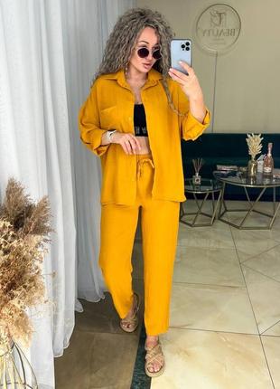 Легкий летний женский брючный костюм двойка с рубашкой