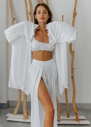 Домашний костюм "afina" (халат+топ+штаны) трикотаж двунитка белый