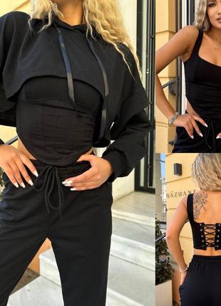 Чорний жіночий спортивний костюм трійка укорочене худі оверсайз топ штани