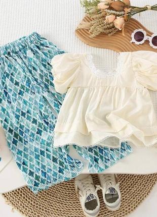 Стильний літній комплект для дівчинки нарядний блуза  та брюки плісе