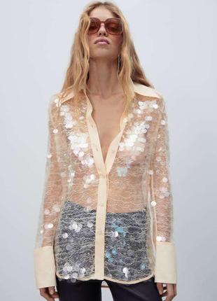 Zara блуза сорочка в паєтку прозора