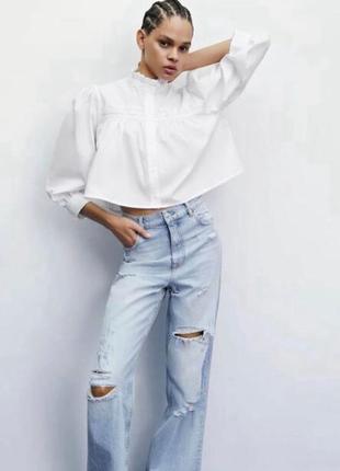 Невероятная белая рубашка от с@ра, укороченная. рукав 3/4 ткань 100% хлопок. украшена кружевом на груди и манжете из натуральной нити