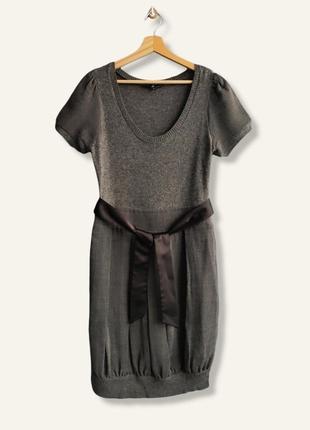 Комбинированное шерстяное серое платье с атласной лентой b by bessini