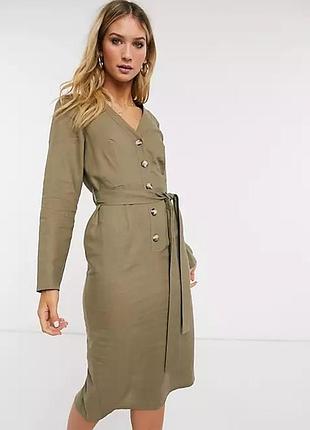 Льняное платье миди asos цвет хаки