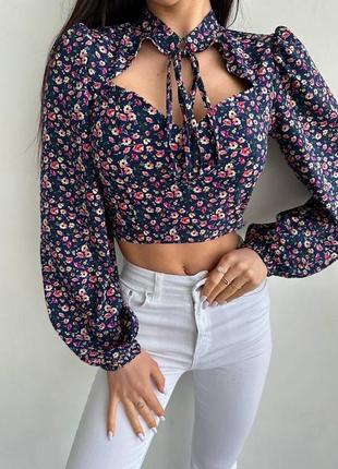 Рубашка принт цветы вырез декольте блуза длинная рубашка открытая спина прямая свободный оверсайз блуза короткая урочённая завязка манжеты