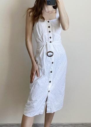 Платье миди из прошвы f&amp;f белое хлопковое натуральное с поясом женская весенняя