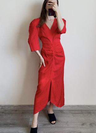 Красное платье c&amp;a (jessica premium) миди с драпировкой хлопковое вискозное натуральное легкое летнее весеннее женское платье