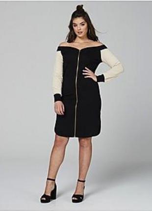 Черно- бежевое платье с открытыми плечами на молнии спереди