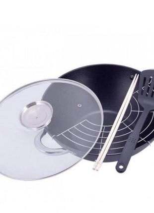 Сковорода wok чавунна мармурове покриття з кришкою 32 см 4,5 л