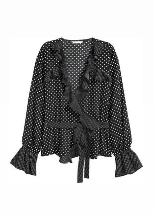 Блуза h&amp;m в горошек в горох с рюшами на запах на затин женская вискозная натуральная черная