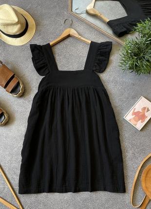 Легкое натуральное муслиновое сарафан платье черный хлопковый летний легкий с подкладкой свободный от груди