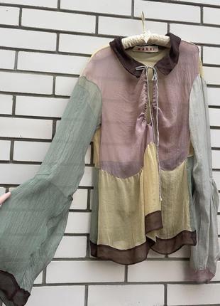 Шелк, разноцветная блузка с баской этно бохо стиль marni