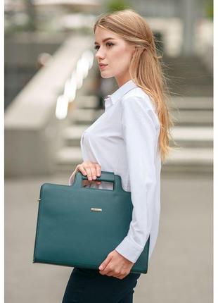 Женская кожаная сумка для ноутбука и документов зеленая