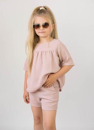 Легкий літній комплект із мусліну для дівчат, мусліновий костюм шорти і блуза, муслиновый комплект для жаркого лета6 фото