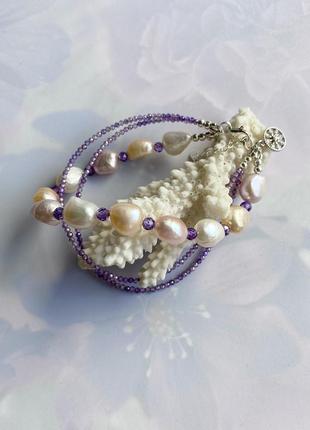 Серебряный браслет из жемчуга и цирконов с подвесом «жемчужная акварель»