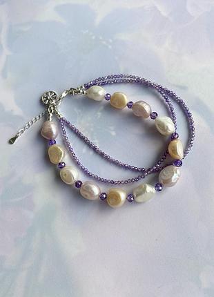 Серебряный браслет из жемчуга и цирконов с подвесом «жемчужная акварель»