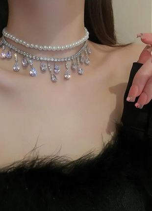Колье стразы жемчуга камушки с камушками жемчуга искусственными мода тренд корейское стиль стильно