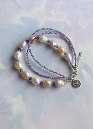Серебряный браслет из жемчуга и цирконов с подвесом «жемчужная акварель»