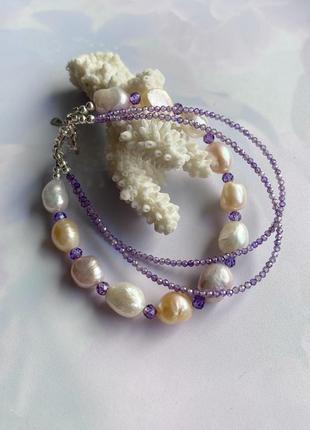 Серебряный браслет из жемчуга и цирконов с подвесом «жемчужная акварель»