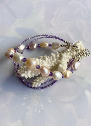 Серебряный браслет из жемчуга и цирконов с подвесом «жемчужная акварель»