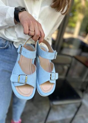 Стильные босоножки, голубой, натуральная замша