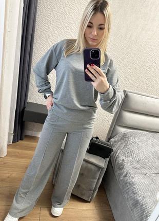 Спортивный костюм худи свитшот кофта женский швы весна осень брюки прямые по фигуре палаццо клеш кюлоты вставки капюшон манжеты