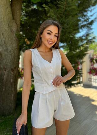 Женский летний льняной костюм двойка шорты жилетка жилет,женский льняной костюм двойка...
