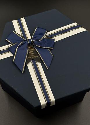 Коробка подарункова шестикутна з бантиком. 3шт/комплект. колір синій. 19х10см3 фото