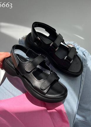 Черные женские босоножки сандалии на липучках из натуральной кожи кожаные босоножки сандалии с липучками