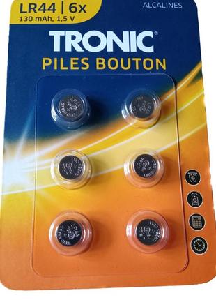 🇩🇪кнопочные батареи

 tronic piles bouton alcalines lr/6x 130 mah,1,5v

 блистер из 6 штук.