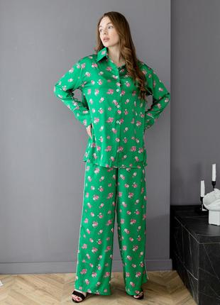 Пижама шелк армани италия премиум-класса flowers зеленый