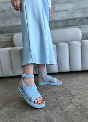 Трендовые босоножки, голубой, натуральная замша