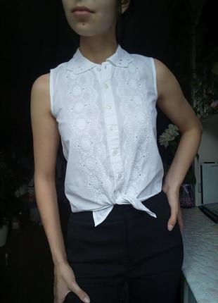 Хлопковая рубашка прошва, хлопковая блузка прошва, белая рубашка летняя, летняя блузка на завязке, прошвенная блузка с воротником, вышиванка