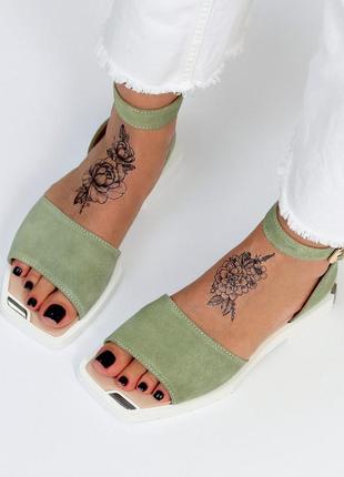 Жіночі босоніжки натуральна замша оливковий