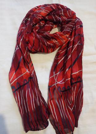 Ро4 шелковый шикарный красный бордовый женский шарф палантин в полоску шелк