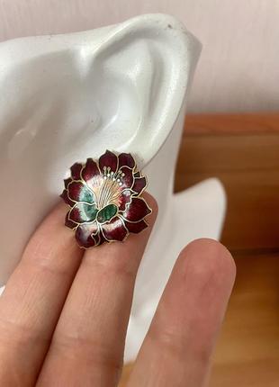 Винтажные серьги клипсы цветы лето клуазоне бордовый американский винтаж