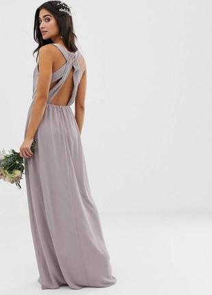 Брендовое длинное платье с открытой спинкой в нежно-лавандовом пудровом оттенке от tfnc