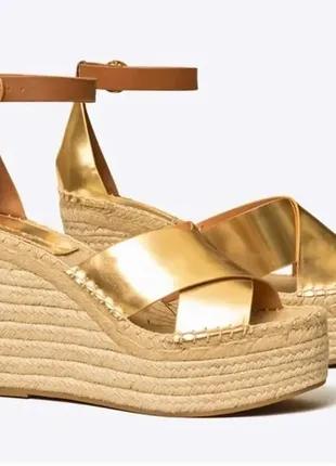 Брендовые кожаные золотые босоножки платформа эспадрильи от tory burch люкс бренд большой размер