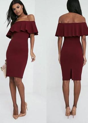 Бордо платье приталенное с открытыми плечами river island xs, s, m