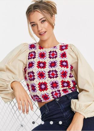 Бежевый топ с длинными рукавами и завязками в стиле печворк asos design