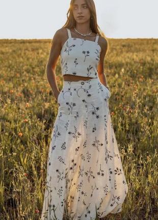 Шикарний лляний костюм zara з вишивкою топ та довга спідниця з вишивкою zara new original